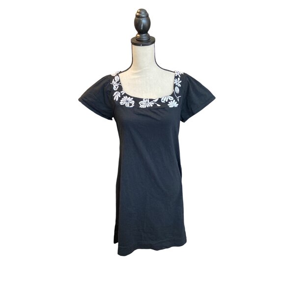 Banana Republic Womens Dress M Black Floral Embroidered Scoop Neck Cotton Preppy - Picture 1 of 14
